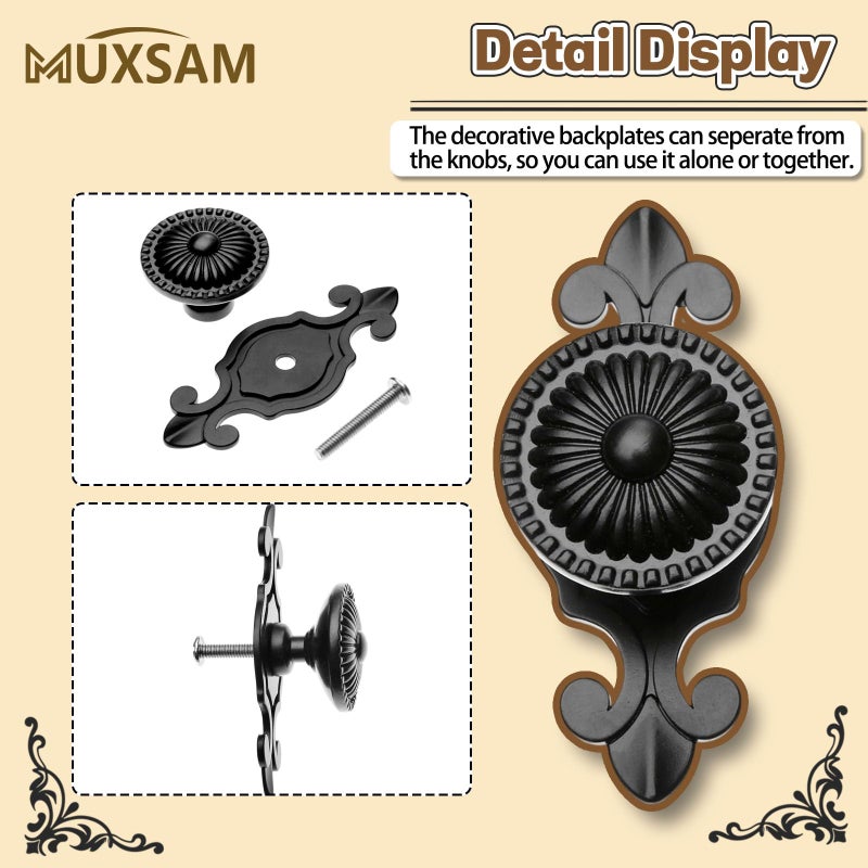 MUXSAM Kitchen Cabinet Knobs Pulls with Backplate, 2 in 1 Retro Round Metal Knob Pull Handle for Antique Dresser Drawer Cabinet Cupboard Wardrobe Door Room Hardware Decoration (5-Pack, Black) - Image 4